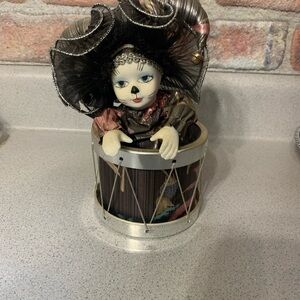 Porcelain Harlequin Clown Doll in Decorative Drum